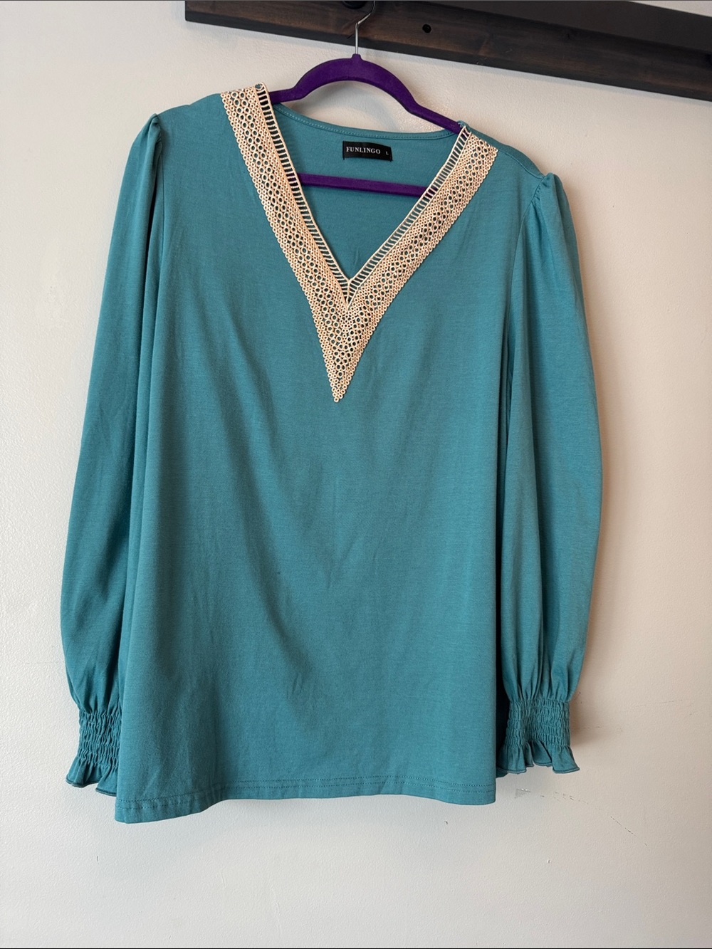 Teal Long-Sleeve Top with Crochet V-Neck